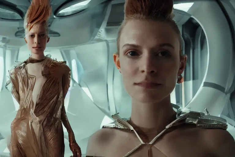 Image similar to VFX movie of a futuristic space woman model gorgeous portrait in inhuman future spaceship, cyberpunk dress, beautiful natural skin natural lighting by Emmanuel Lubezki