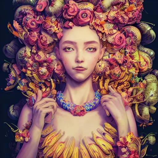 Prompt: the portrait of an absurdly beautiful, graceful, elegant young woman made of bananas and petals looking down, an ultrafine detailed illustration by kim jung gi, irakli nadar, intricate linework, bright colors, octopath traveler, final fantasy, angular, unreal engine 5 highly rendered, global illumination, radiant light, detailed and intricate environment