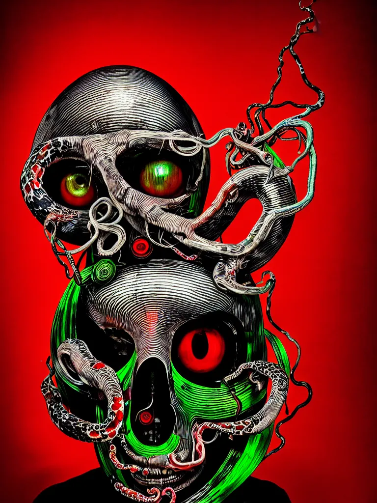 Prompt: a self portrait photograph by the artist kelbv, in distinct hyper detailed style with tubes coming from eyes, and hollowed skull filled with red and green gingham ellipsoids, perfect studio lighting against a backdrop of a still from the movie squid asthma.