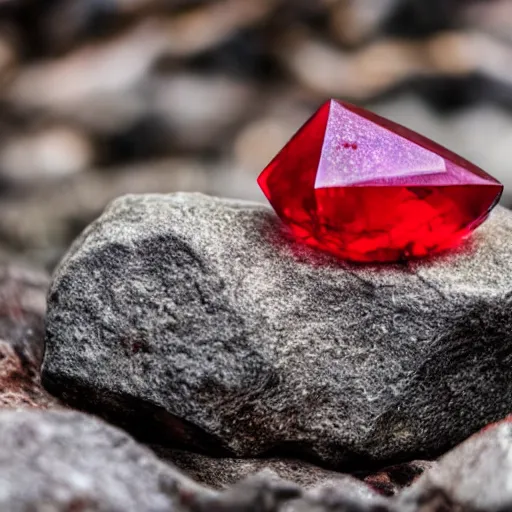 Prompt: a deep red, glowing crystal on a rock