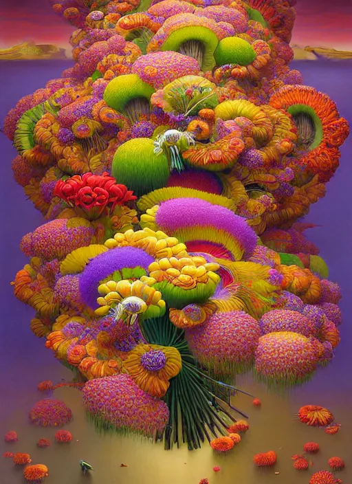 Image similar to hyper detailed illustration like a Oil painting - a vivid exotic flower bouquet, long petals, huge blossoms, by Jacek Yerka, Mariusz Lewandowski, Houdini algorithmic chromatic colors, long brush strokes, Masterpiece, Edward Hopper and James Gilleard, Zdzislaw Beksinski, Mark Ryden, Wolfgang Lettl, hints of Yayoi Kasuma, octane render, 8k