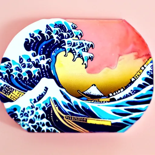 Image similar to carved diorama of The Great Wave off Kanagawa with pink lava and fire, carved out of transparent marble with celadon glaze:: Diorama:: Symmetrical, Isometric camera, wide angle:: Translucent, Iridescent, Ray Tracing Reflections, Harris Shutter, SFX, insanely detailed and intricate, hypermaximalist, elegant, ornate, ultra-realistic, HD Octane Render, 3d, masterpiece