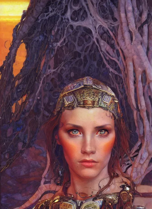 Image similar to biblical shy beautiful female druid android, heavy eyes to the side, closeup, bright glowing veins, in clouds, sunset, portrait, by gerald brom, by mikhail vrubel, by peter elson, muted colors, extreme detail, reflections, trending on artstation, 8 k