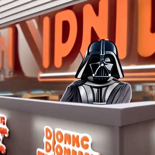 Image similar to darth vador working at dunkin donuts , 8k cinematic lighting, very sharp detail, anatomically correct