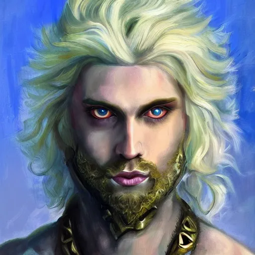 Image similar to oil painting of a beautiful platinum blond curly haired cleanshaven barbarian male with heterochromia one blue eye one green eye d & d fantasy concept art