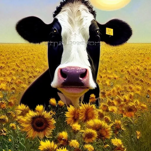 Image similar to portrait of black and white cow, field of sun flowers landscape, rich vivid colors, fantasy, intricate, elegant, highly detailed, digital painting, artstation, concept art, matte, sharp focus, illustration, art by Artgerm and Greg Rutkowski and Alphonse Mucha