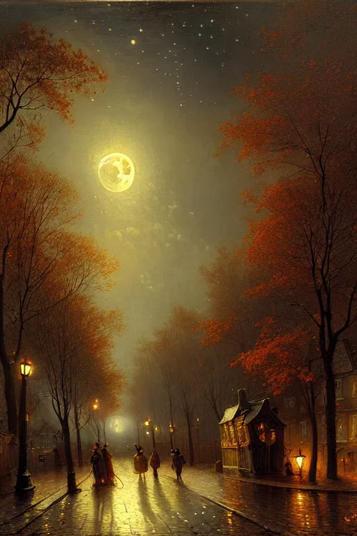 Image similar to detailed painting of a victorian living capsule architecture, spooky night scene, moon stars, autumn trees, street lights, filigree ornaments, andreas achenbach