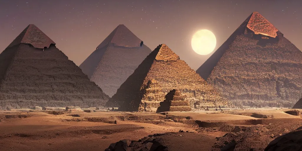 Prompt: huge asteroid impacting the pyramids, a lot of flying debris, greg rutkowski, 8 k, shallow depth of field, full moon, ultra high detail, concept art,