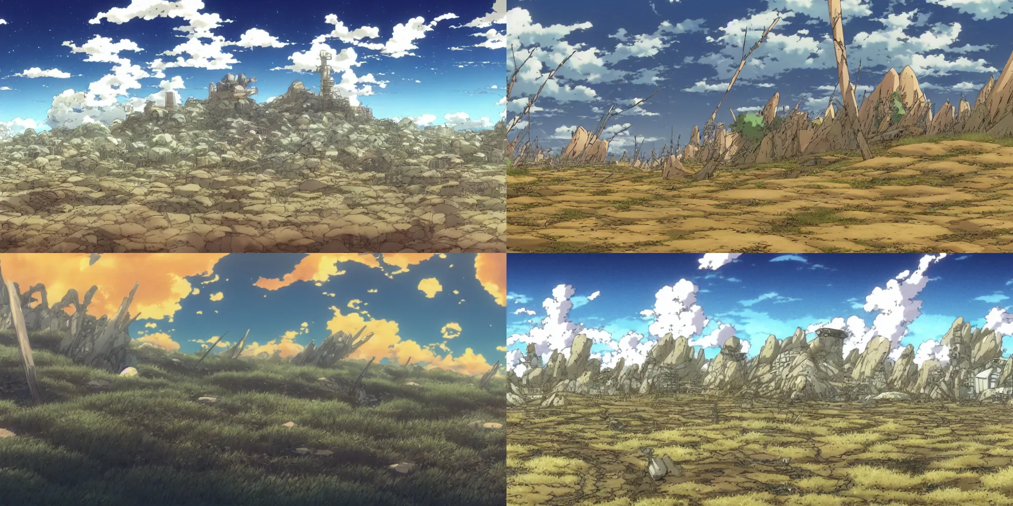 Prompt: a beautiful screenshot of the windswept wasteland from the anime by Hayao Miyazaki, landscape background, anime pixiv