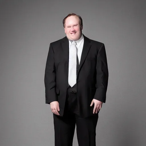 Image similar to clean - shaven portly white man wearing a crisp white dress shirt, necktie, black trousers, and black shoes. he looks very happy. studio background, studio lighting.