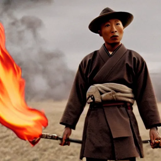 Image similar to cinematic film still Pharrell Williams starring as a Samurai holding fire, Japanese CGI, VFX, 2003, 40mm lens, shallow depth of field,film photography