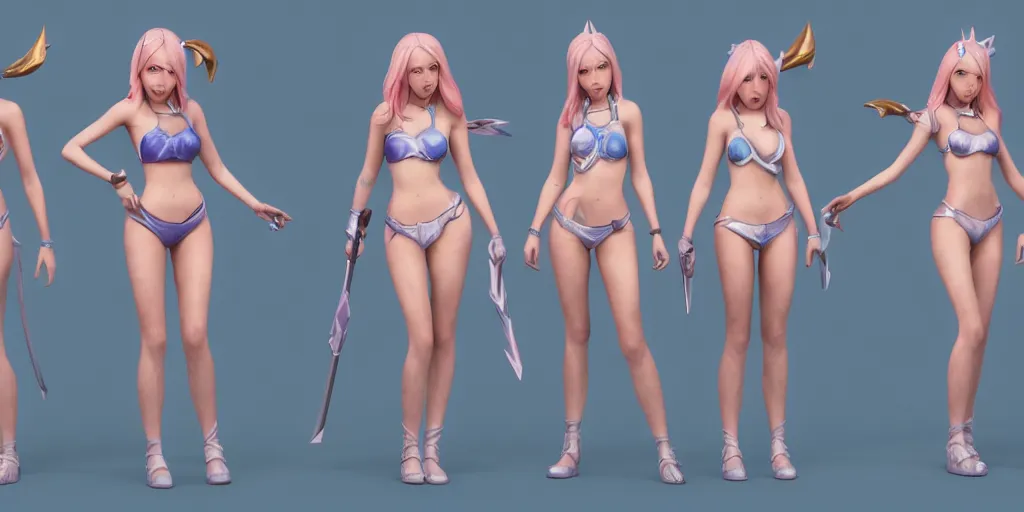 Image similar to character sheet of pool party lux (league of legends), action poses, 3d render, octane render, 4K, highly detailed