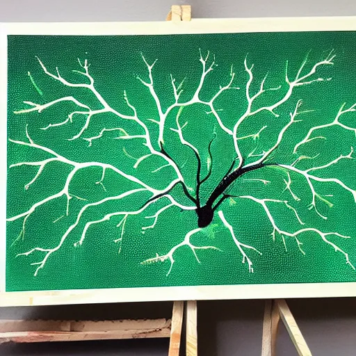 Image similar to painting of black and green synapses against a mint green background