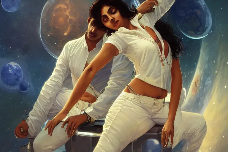 Image similar to Sensuous good looking pale young Indian doctors wearing jeans in a space station above Earth, portrait, elegant, intricate, digital painting, artstation, concept art, smooth, sharp focus, illustration, art by artgerm and greg rutkowski and alphonse mucha