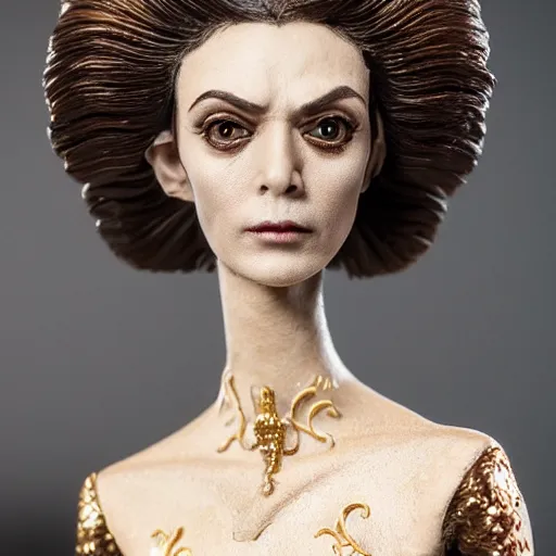 Image similar to photo taken of an epic intricate, ultra detailed, super realistic bust of a majestic gracious regal aristocratic brunette female vampire stop motion puppet created by weta workshop, menacing, some zoomed in shots, photorealistic, sharp focus, white wall, extremely cold blueish colour temperature, 3 5 mm, f 1. 4, golden ratio