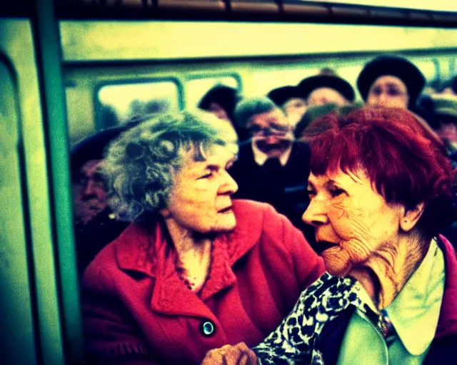 Image similar to a lomography photo of rumble between two grandmoms in soviet train this morning, bokeh,