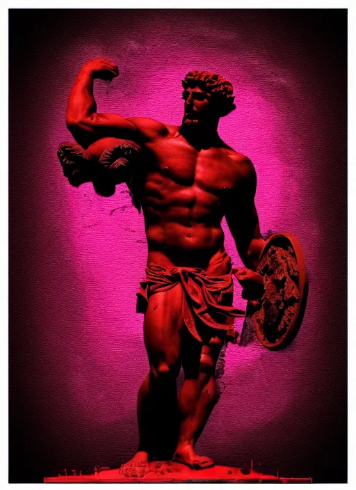 Image similar to black background with subtle red and purple design elements, statue of hercules, nekro, graphic design, collage art, thin lines, dark, glitch art, neo vaporwave, gritty, layout frame, square, trending on artstation