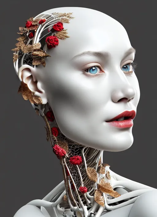 Image similar to complex 3d render ultra detailed of a beautiful porcelain profile woman face, mechanical cyborg, 150 mm, beautiful natural soft light, rim light, silver gold details, magnolia big leaves and stems, roots, fine foliage lace, maze like, mesh wire, red lips, intricate details, hyperrealistic, ultra detailed, mandelbrot fractal, anatomical, white metal neocubism armor, facial muscles, cable wires, microchip, elegant, octane render, H.R. Giger style, 8k