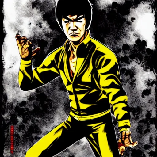 Prompt: Bruce Lee in the style of Borderlands, by Feng Zhu and Laurie Greasley, Victo Ngai, Andreas Rocha, John Harris