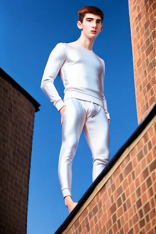 Image similar to un ultra high definition studio quality photographic art portrait of a young man standing on the rooftop of a british apartment building wearing soft padded silver pearlescent clothing. three point light. extremely detailed. golden ratio, ray tracing, volumetric light, shallow depth of field. set dressed.