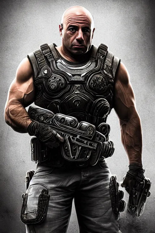 Prompt: Joe Rogan as a muscular Gears of War character, photorealism, full body, white ambient background, unreal engine 5, hyperrealistic, highly detailed, XF IQ4, 150MP, 50mm, F1.4, ISO 200, 1/160s, natural light, Adobe Lightroom, photolab, Affinity Photo, PhotoDirector 365, realistic