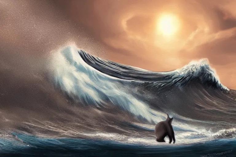 Prompt: giant tsunami wave with a cat of the same size, digital painting, epic composition, highly detailed, 8 k