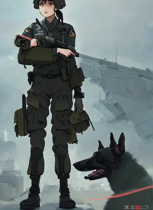 Prompt: portrait of cute soldier girl, black sky background urban landscape illustration concept art anime key visual trending pixiv fanbox by wlop and greg rutkowski and makoto shinkai and studio ghibli and kyoto animation soldier clothing military gear realistic anatomy mechanized police dog