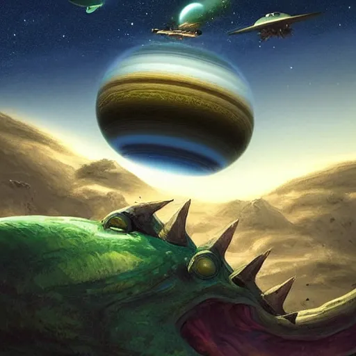 Prompt: Astronauts and green aliens are riding some dinosaurs on saturn's ring and saturn is as background, by Jordan Grimmer digital art, trending on Artstation,