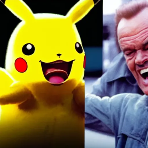 Prompt: Jack Nicholson plays Teminator Pikachu, scene from the film finale, epic, realistic