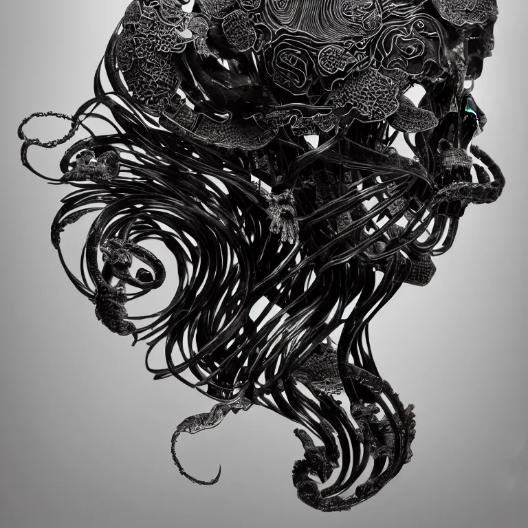 Image similar to black background. absolutely symmetrical sculpture. centered. goddess princess face close-up portrait ram skull. sculpture made of gold and black charcoal. jellyfish phoenix head, nautilus, orchid, skull, betta fish, bioluminiscent creatures, intricate artwork by Tooth Wu and wlop and beeple. octane render, trending on artstation, greg rutkowski very coherent symmetrical artwork. cinematic, hyper realism, high detail, octane render, 8k