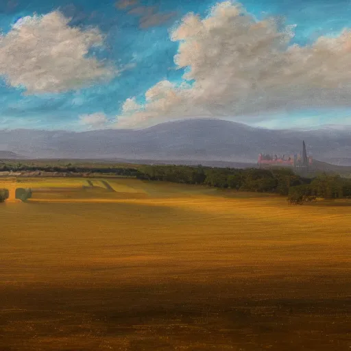 Prompt: painting of a vast field in a large medieval kingdom, dirt paths in various directions and a cattle ranch and a large castle visible in the distance, trending on artstation