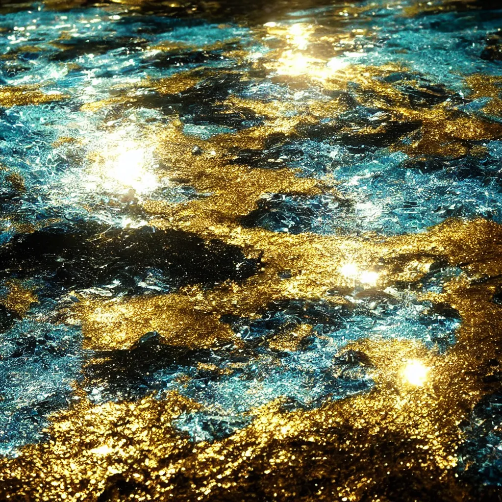 Image similar to water turning into crystal, art station, volumetric lighting, beautiful, golden hour, sharp focus, ultra detailed, concept art