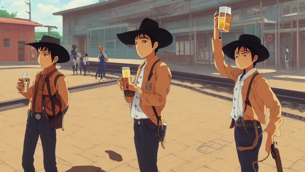 Image similar to anime illustration of illustration of a mexican man,, with one small, dirt, wild west, with hat, drinking a beer at train station, by makoto shinkai, ilya kuvshinov, lois van baarle, rossdraws, basquiat, studio ghibli, global illumination ray tracing hdr