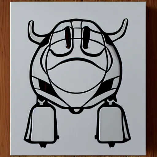 Image similar to a mechanical cow with big head and horns, minimalist style, metal, 3D art, in style of Baymax, smooth