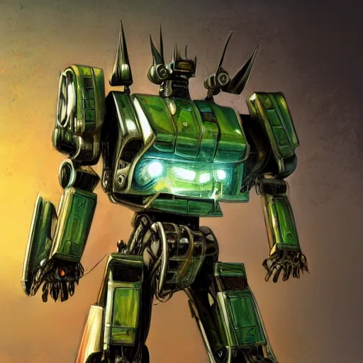 Image similar to Rusty transformer of a 1920 race car, autobots, optimus prime, bumblebee, transformer, car changing into a mecha, soft green lighting, highly detailed, digital painting, artstation, concept art, smooth, sharp focus, illustration