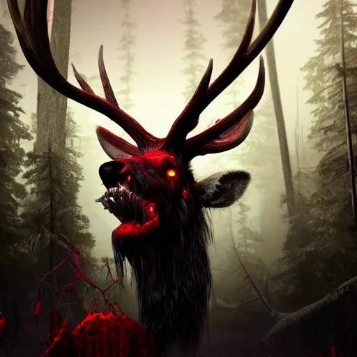 Image similar to Photorealistic wendigo elk dripping blood. Hyperdetailed photorealism, 108 megapixels, amazing depth, glowing rich colors, powerful imagery, Eldritch Horror Overtones, 3D finalrender, 3d shading, cinematic lighting, artstation concept art