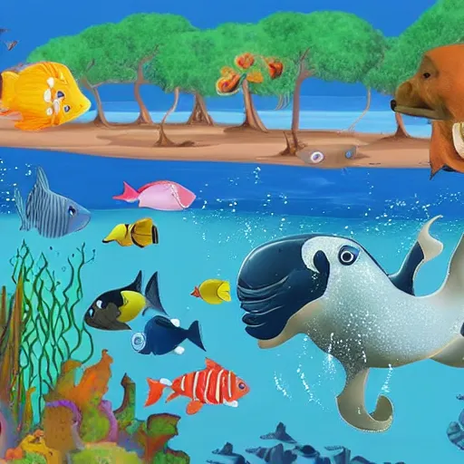 Image similar to A world where sea animals walk on land and land animals swim in the sea