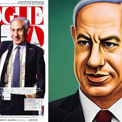 Prompt: a realistic portrait of benjamin Netanyahu holding a rocket missle in Vogue magazine, detailed face, highly detailed