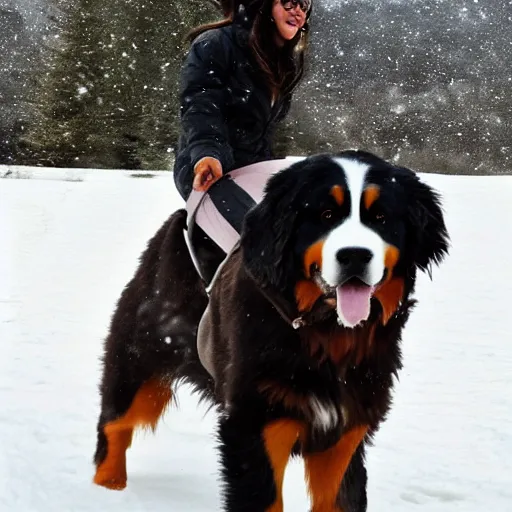 Image similar to girl riding giant Bernese Mountain Dog in the snow, trending on artstation