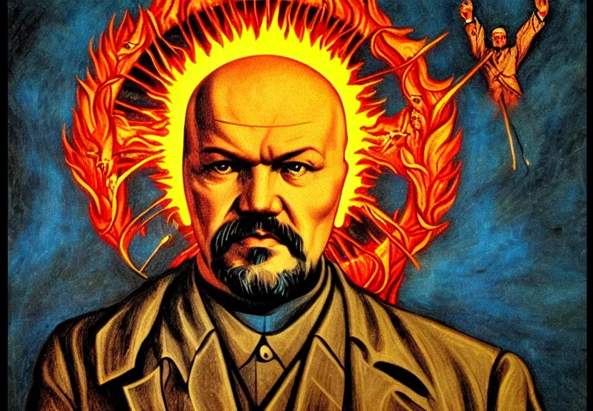 Image similar to lenin in hell, icon with a halo of fire, scary detailed art in color