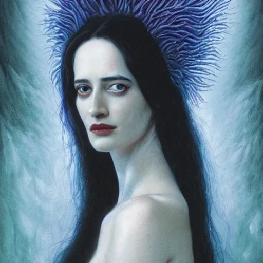 Prompt: cosmic horror eldritch lovecraftian close up portrait of eva green as the emerald queen of feathers by wayne barlowe, agostino arrivabene, denis forkas