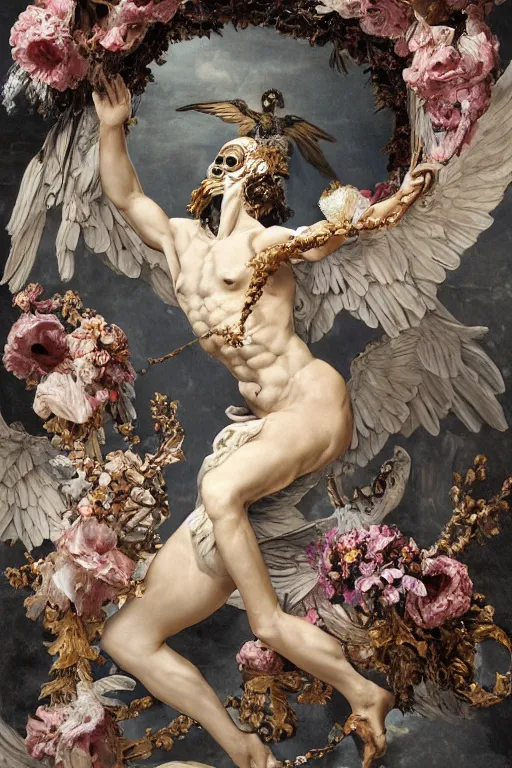 Image similar to A flying icarus reaching for the sun with a skull mask and wings as a corrupted and glitched Greek sculpture, glowing quartz crystal skull, wreath of ferns, abstract milky quartz eyes, many large flying monster eyes, flowing sakura silk, fabric, flowers. baroque elements, human skull. full-length view. baroque element. intricate artwork by caravaggio. many many birds birds on background. Trending on artstation. halo. octane render, cinematic, hyper realism, octane render, 8k, depth of field, 3D