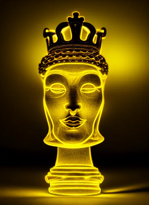 Image similar to ( queen chess piece, bioluminescence, beautiful face, reflection of led lights, intricate detail, very detailed, highly detailed background, sharpfocus, photorealism, soft diffuse autumn lights, some sun light ray, dark room wall, canon 5 d 5 0 mm lens