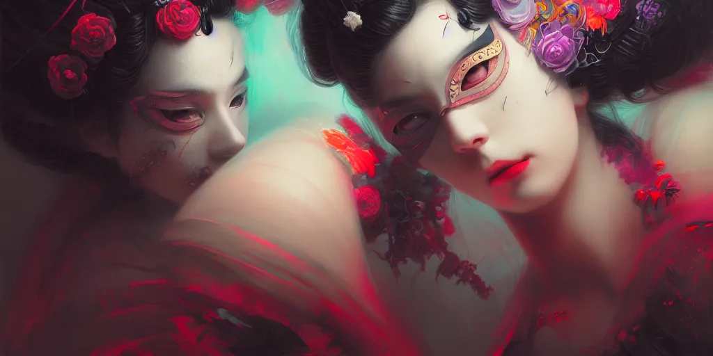 Image similar to lolita, alterd carbon, vampre the masquerade, geisha, neon, atmospheric, detailed intricate render, fibbonacci, dark atmosphere, detailed illustration, hd, 4 k, digital art, overdetailed art, surrealistic, by greg rutkowski, by loish, complementing colors, trending on artstation, deviantart