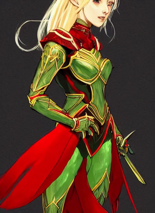 Image similar to Full body portrait of a beautiful young blonde short haired elven princess wearing red, green and gold armour robe. In style of Yoji Shinkawa and Hyung-tae Kim, trending on ArtStation, dark fantasy, great composition, concept art, highly detailed.