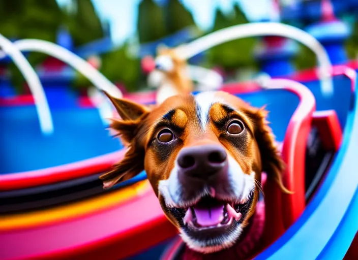 Image similar to film still of a dog riding a roller coaster in disneyland paris, 8 k