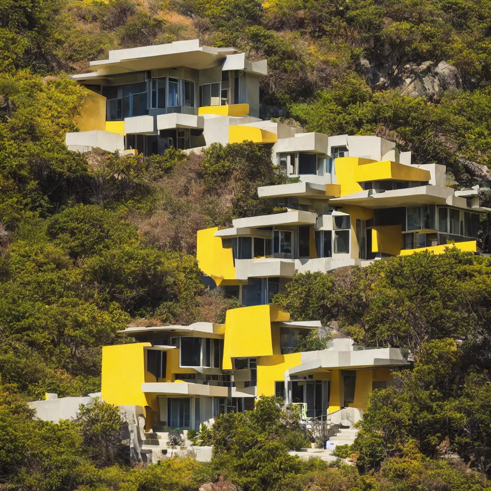 Image similar to a mid-century modern house on a cliff, designed by Frank Gehry. Big tiles. Small wooden pathway . Film grain, cinematic, yellow hue