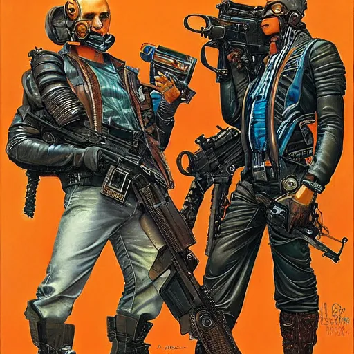 Image similar to portrait of three cyberpunk hired guns, by gerald brom and norman rockwell