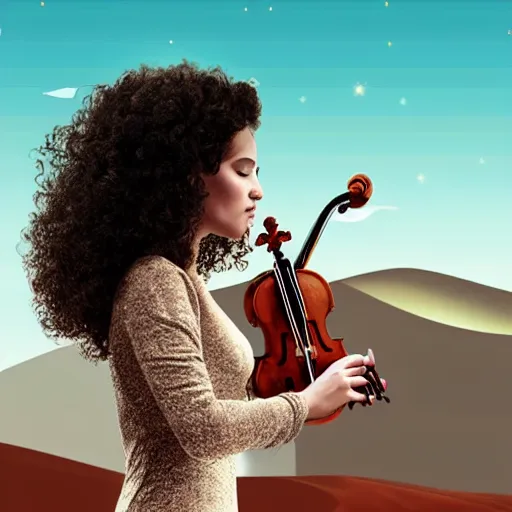 Prompt: curly haired girl wearing dress playing the violin in desert, digital art, ultra realistic, illustration