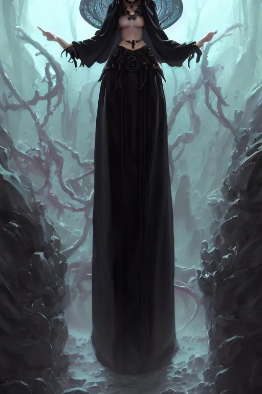 Image similar to a beautiful eldritch priestess girl standing on an altar wearing thick black robes | | lofi cute - fine - face, pretty face, fine details by stanley artgerm lau, wlop, rossdraws, james jean, andrei riabovitchev, marc simonetti, and sakimichan, trending on artstation